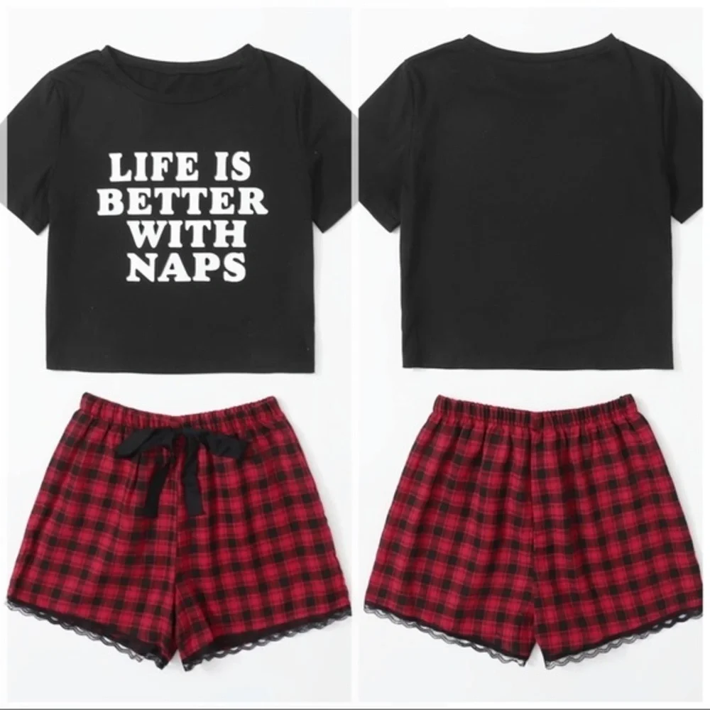 New Black Tee & Red Plaid Shorts Pajama Set​ - Picture 2 of 5